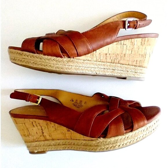 Franco Sarto Sandals Slingback Platform Leather Open Toe KRIS Cognac Brown 8.5M - Picture 1 of 7